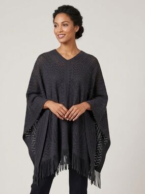 V-Neck Black Fringe Knit Poncho Sweater Size XL but Can Fit Much Larger